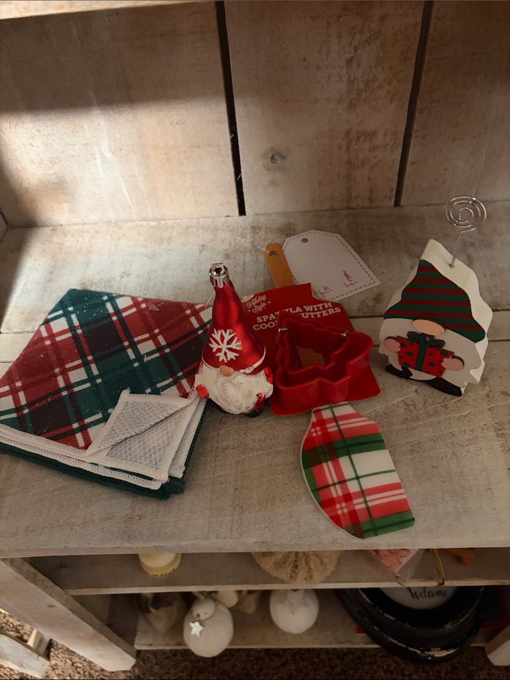 Holiday Plaid Kitchen Set with Red Gnome Ornament